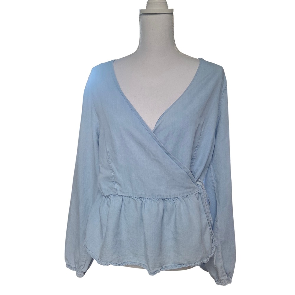 Chambray Blue Wrap Top VNeck Peplum Blouse Boho Coastal Grandma Soft Girl Large